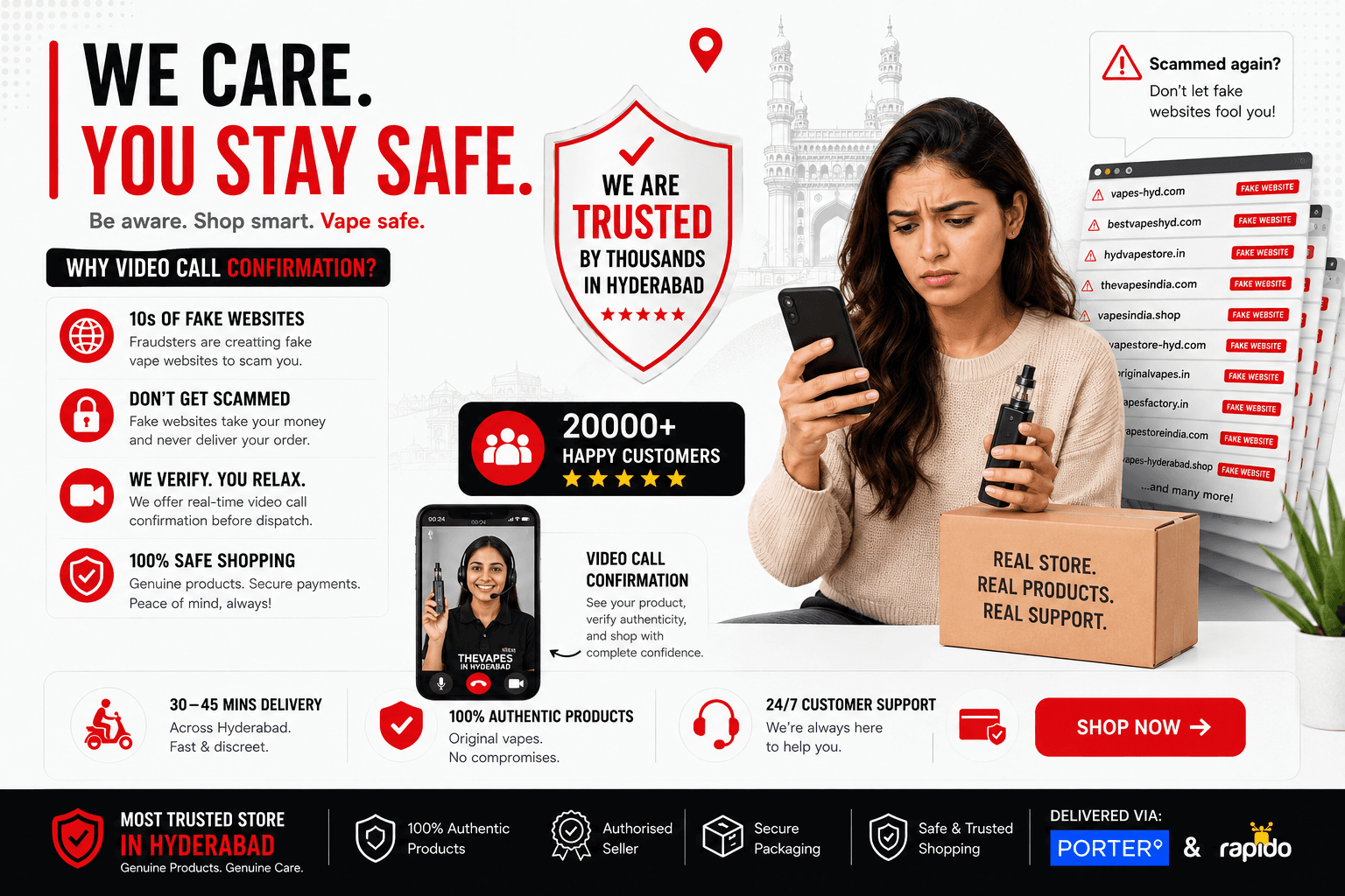 We Care. You Stay Safe. Trusted by thousands in Hyderabad. Video Call Confirmation before dispatch.
